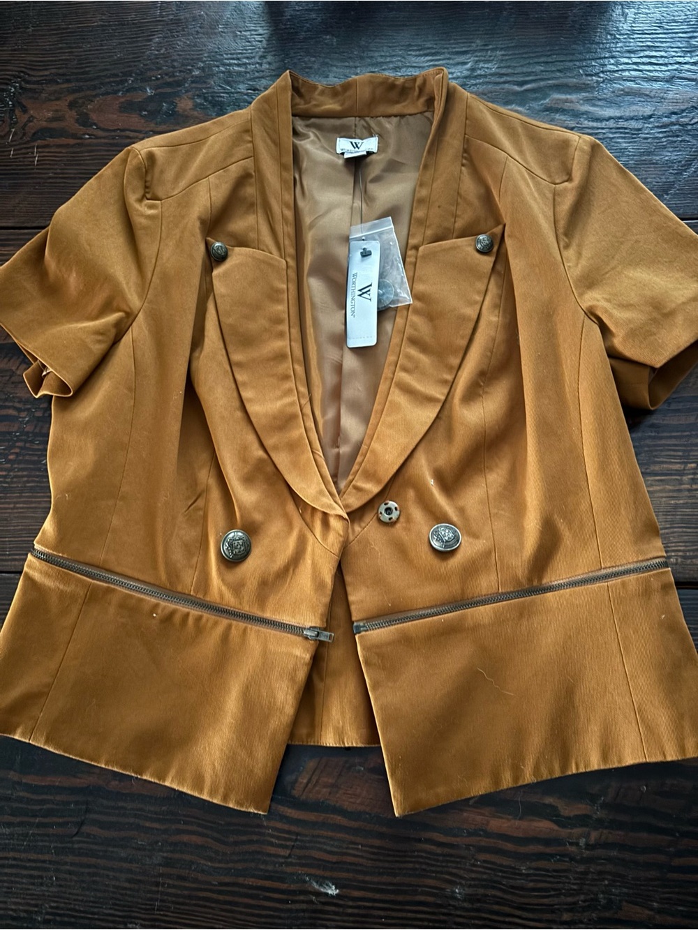 Worthington Short Sleeve Double-Breasted Blazer in mustard/rust color